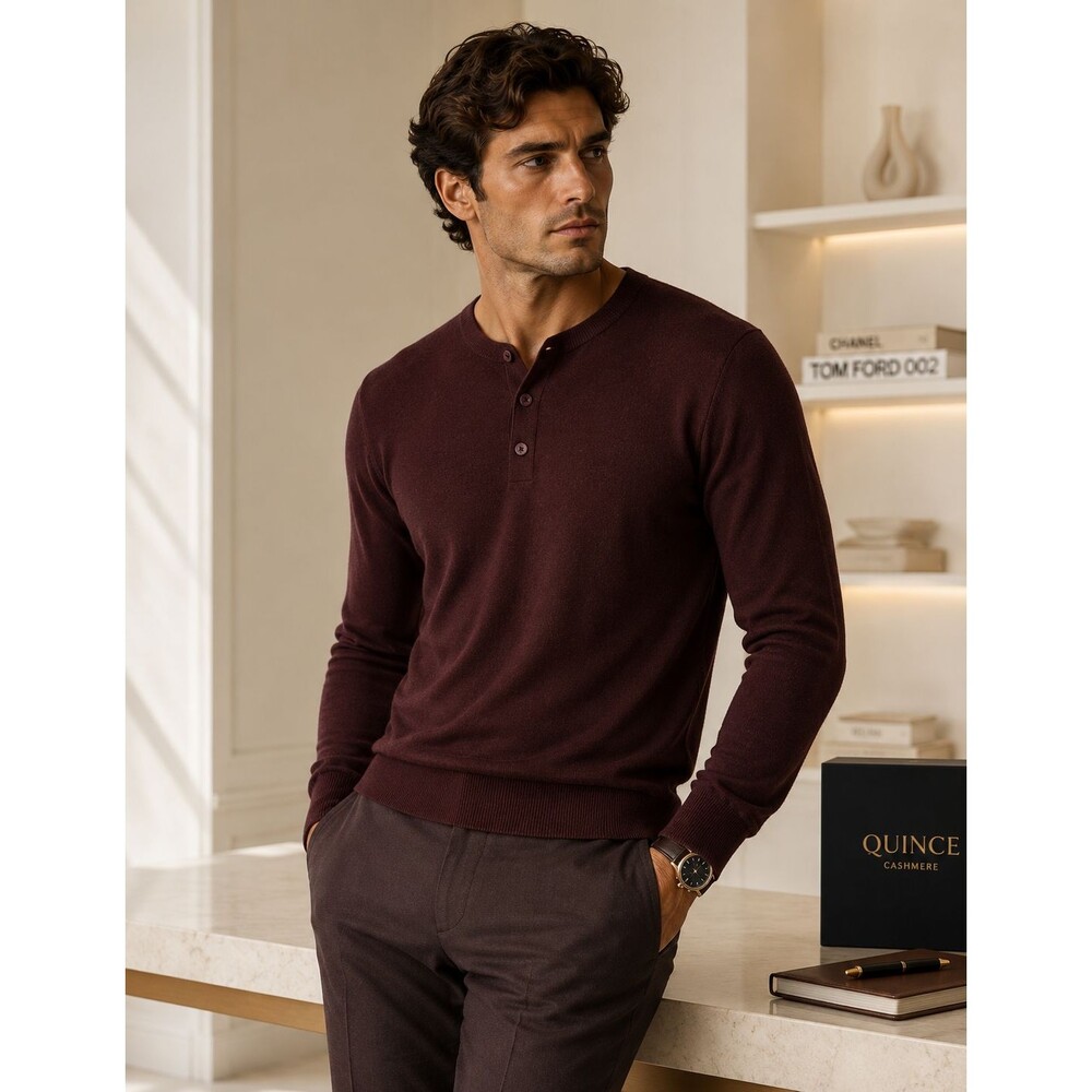 Quince Sweater Mongolian Cashmere Long Sleeve Henley Top Rich Burgundy XL Luxury